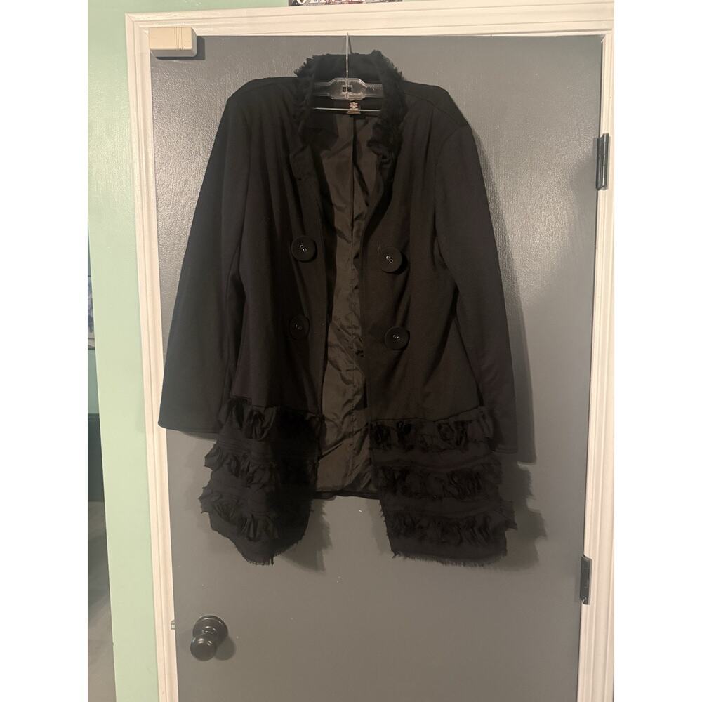 Romantic Black Ruffle Button Mid-Length Lined feminine Jacket Size L